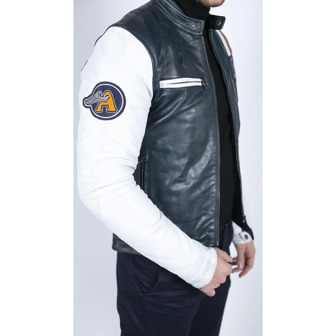 Mens Retro Vintage Navy Blue White Real Leather Biker Jacket Badge Design Casual