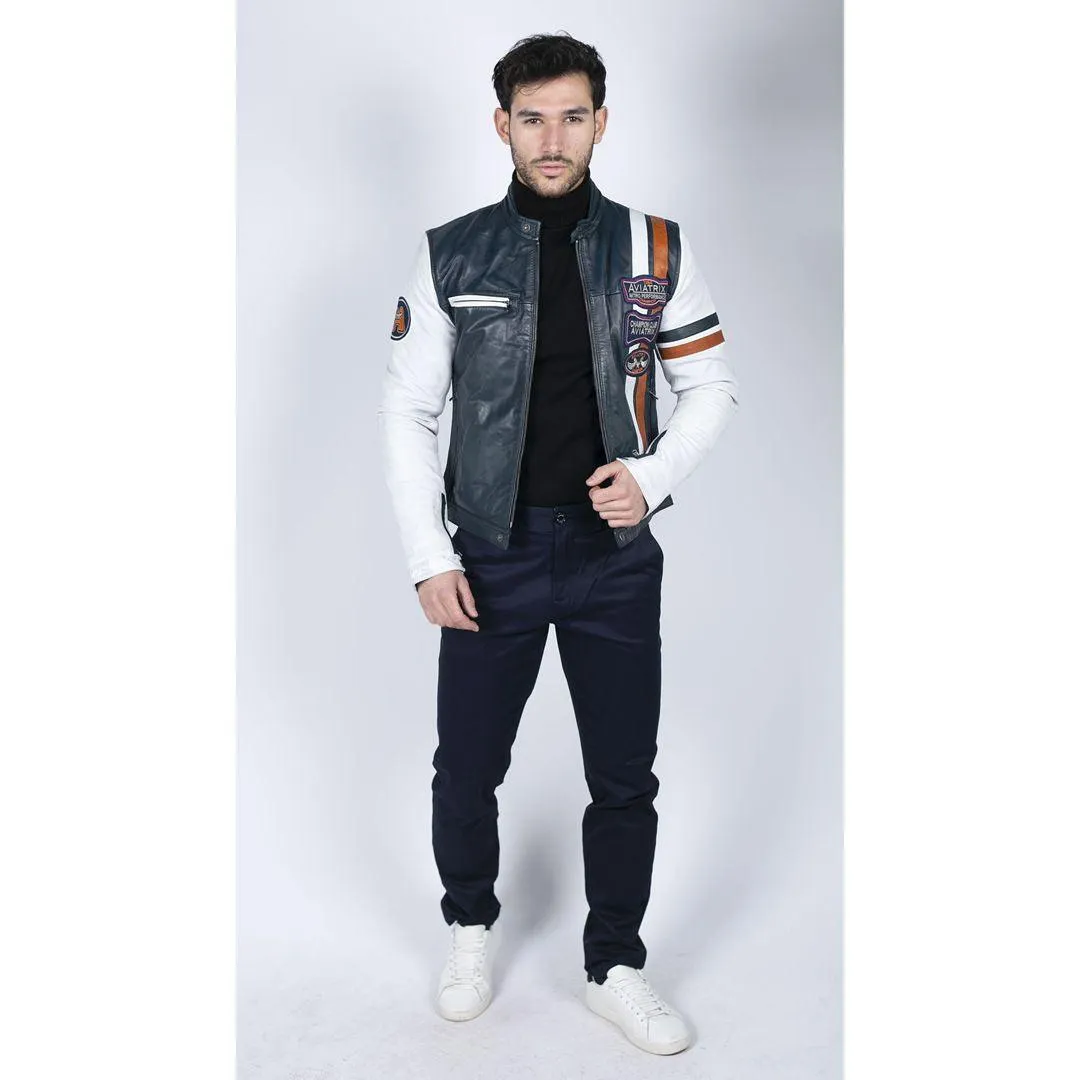 Mens Retro Vintage Navy Blue White Real Leather Biker Jacket Badge Design Casual