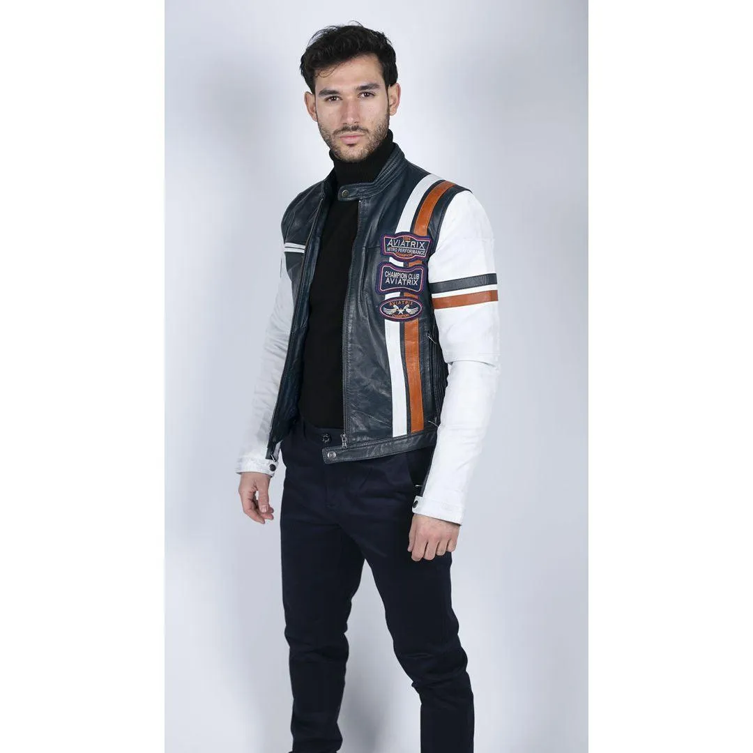 Mens Retro Vintage Navy Blue White Real Leather Biker Jacket Badge Design Casual