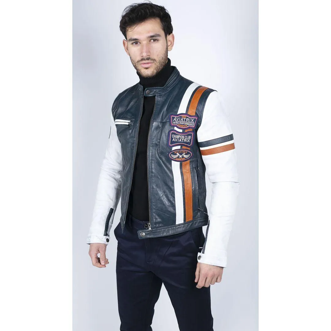 Mens Retro Vintage Navy Blue White Real Leather Biker Jacket Badge Design Casual