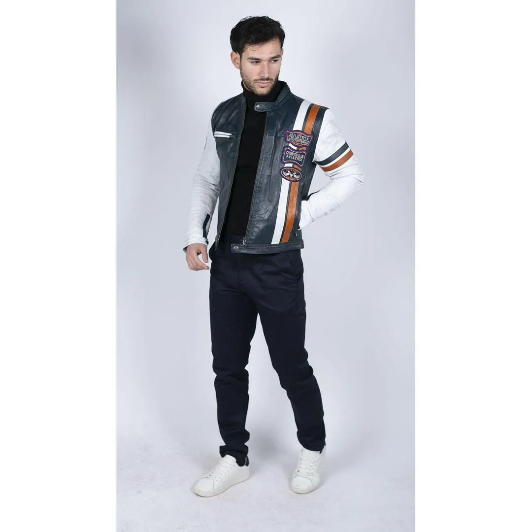 Mens Retro Vintage Navy Blue White Real Leather Biker Jacket Badge Design Casual