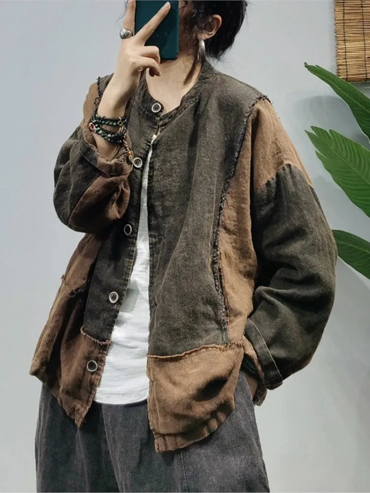 Patchwork O-Neck Vintage Blouse Jacket