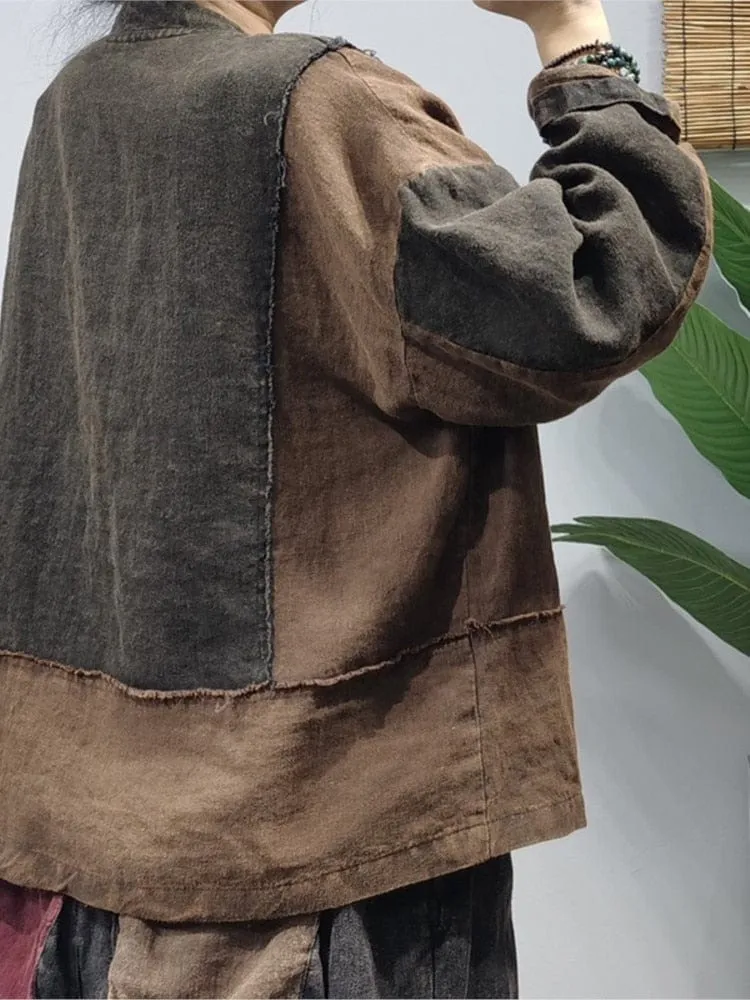 Patchwork O-Neck Vintage Blouse Jacket