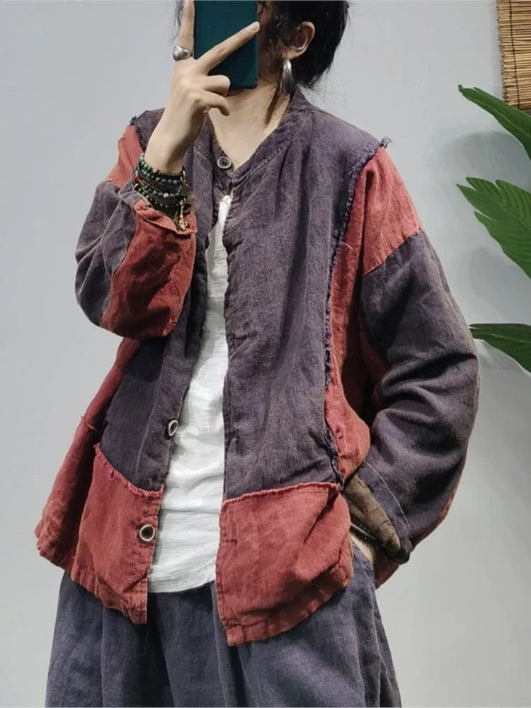 Patchwork O-Neck Vintage Blouse Jacket