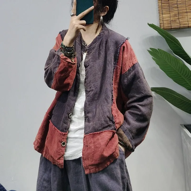 Patchwork O-Neck Vintage Blouse Jacket