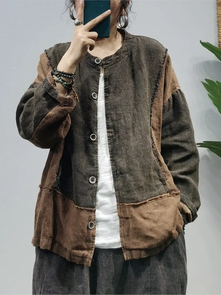 Patchwork O-Neck Vintage Blouse Jacket