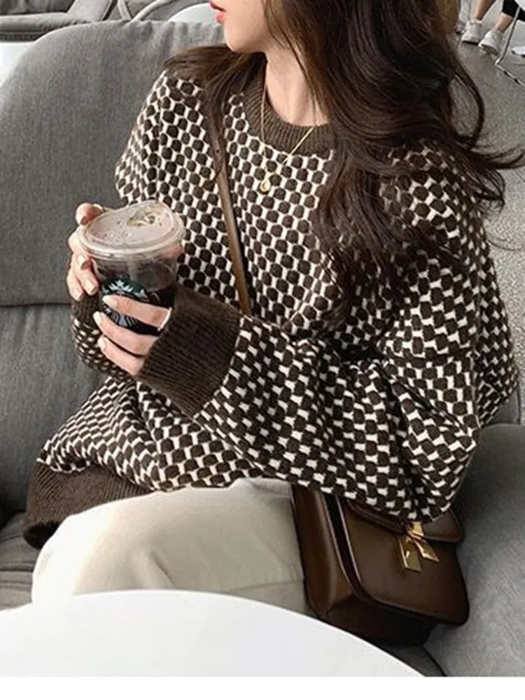 Purpdrank - 2023 spring fashion Women's Round Neck Retro Long-Sleeved Sweater Student Tide Wear Knitted Top Korean Autumn Winter Warm Striped Pullovers