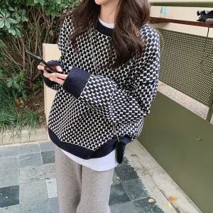 Purpdrank - 2023 spring fashion Women's Round Neck Retro Long-Sleeved Sweater Student Tide Wear Knitted Top Korean Autumn Winter Warm Striped Pullovers