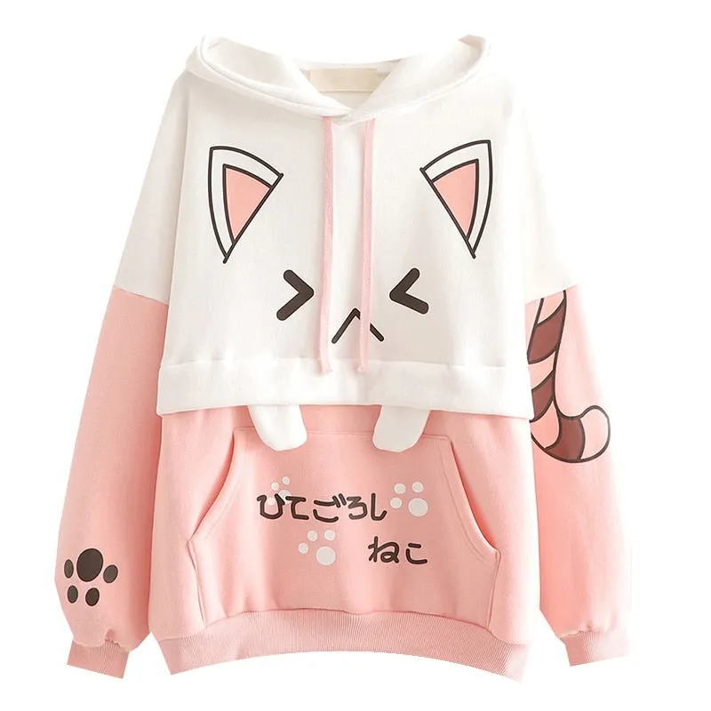 Purpdrank - Harajuku Kawaii Women Cute Hoodie Black Pink Long Sleeve Graphic Cat Ear Funny Teen Girls Pullover Vintage Sweatshirt