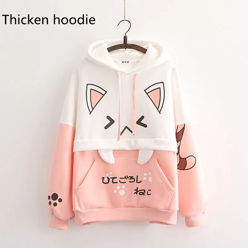 Purpdrank - Harajuku Kawaii Women Cute Hoodie Black Pink Long Sleeve Graphic Cat Ear Funny Teen Girls Pullover Vintage Sweatshirt