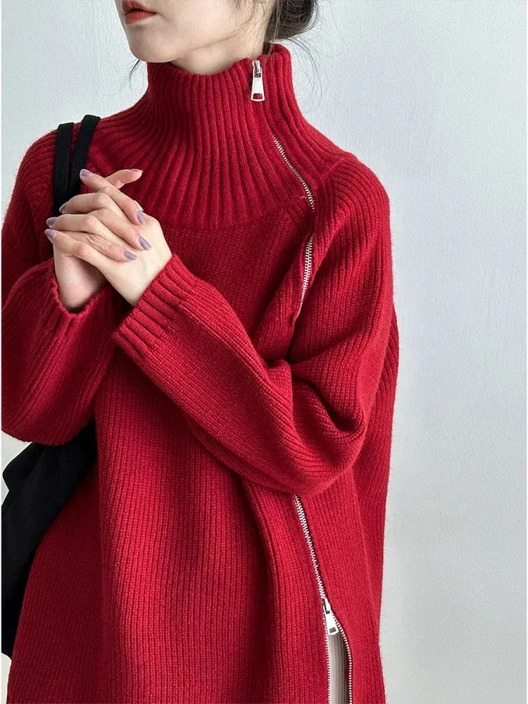 Purpdrank - Women's Turtleneck Zipper Oversize Fashion Women Sweaters 2023 Autumn Knitwears Loose Thick Warm High Neck Solid Pullovers Women