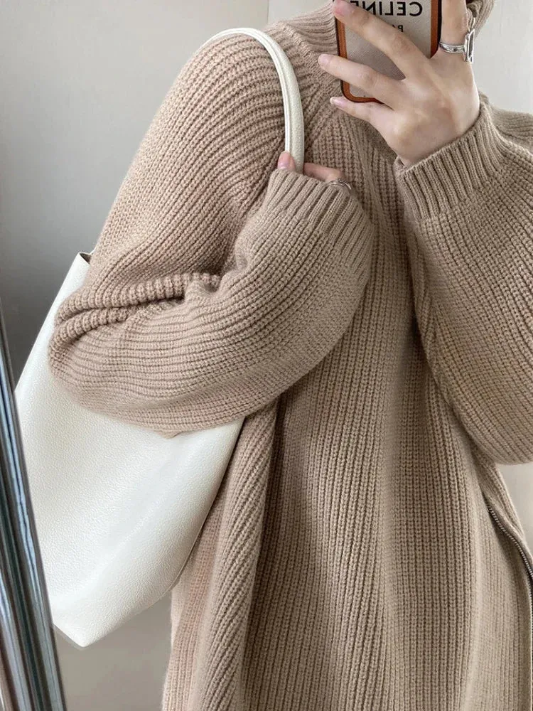 Purpdrank - Women's Turtleneck Zipper Oversize Fashion Women Sweaters 2023 Autumn Knitwears Loose Thick Warm High Neck Solid Pullovers Women