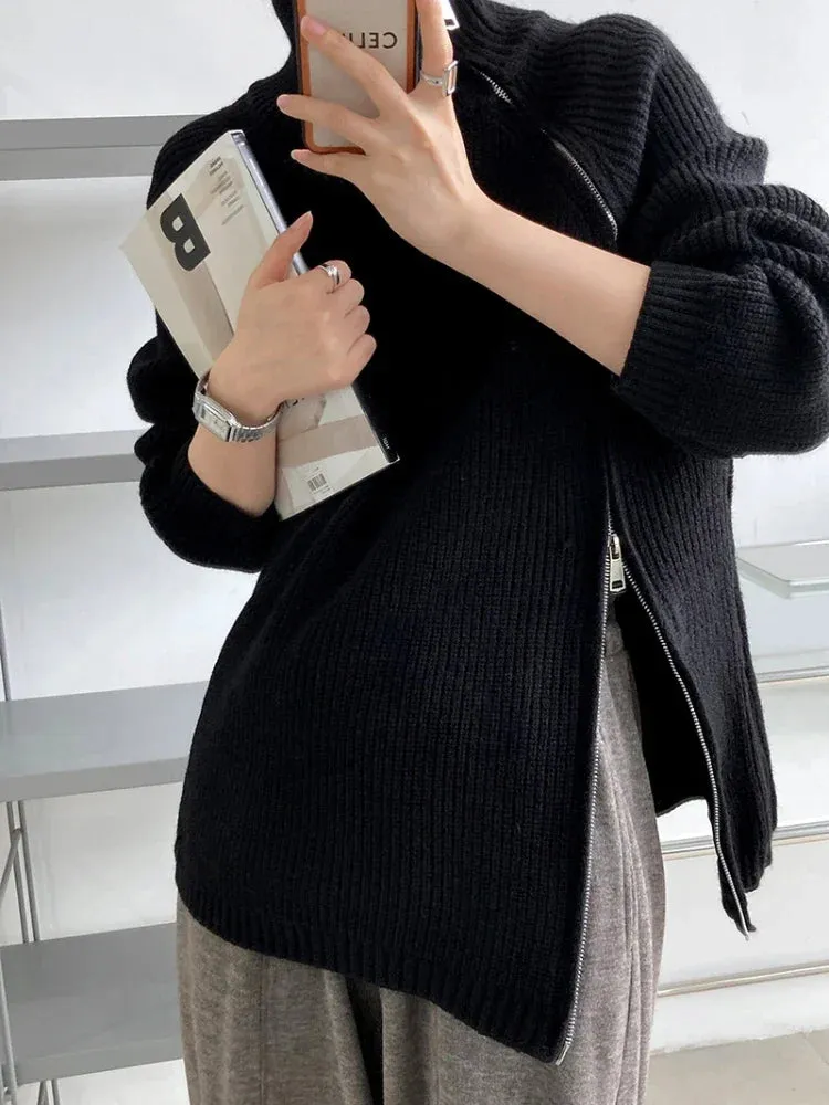 Purpdrank - Women's Turtleneck Zipper Oversize Fashion Women Sweaters 2023 Autumn Knitwears Loose Thick Warm High Neck Solid Pullovers Women