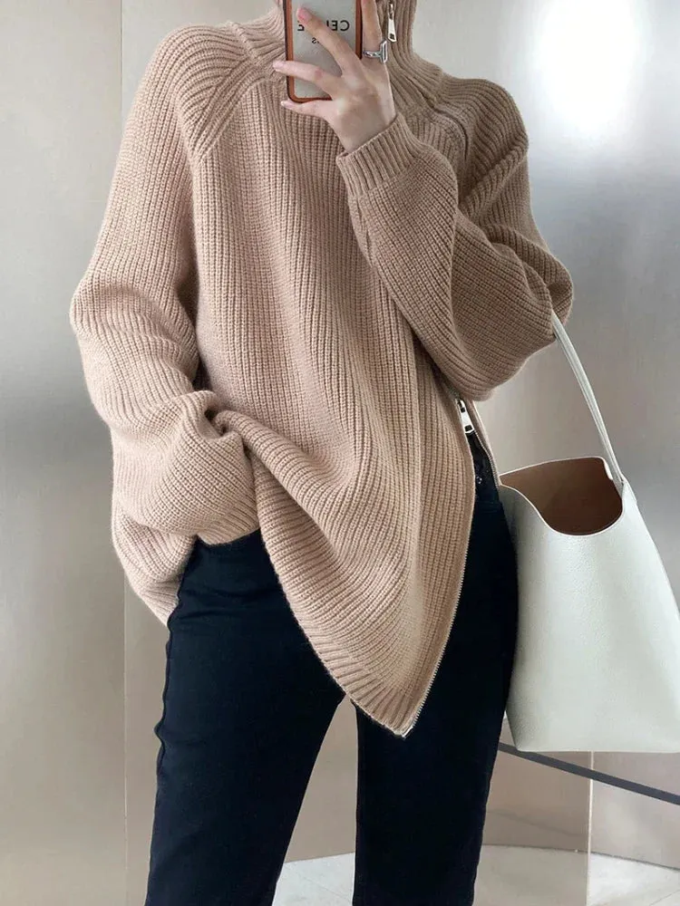 Purpdrank - Women's Turtleneck Zipper Oversize Fashion Women Sweaters 2023 Autumn Knitwears Loose Thick Warm High Neck Solid Pullovers Women