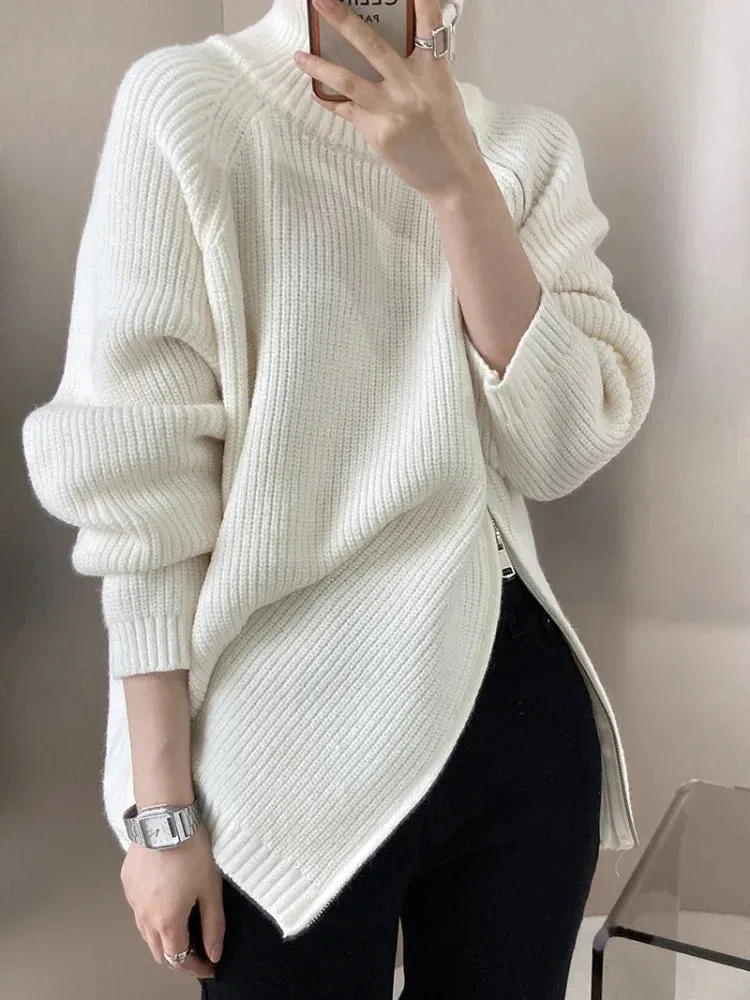 Purpdrank - Women's Turtleneck Zipper Oversize Fashion Women Sweaters 2023 Autumn Knitwears Loose Thick Warm High Neck Solid Pullovers Women