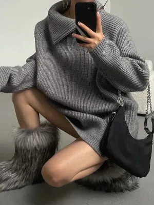 Purpdrank - Women's Turtleneck Zipper Oversize Fashion Women Sweaters 2023 Autumn Knitwears Loose Thick Warm High Neck Solid Pullovers Women