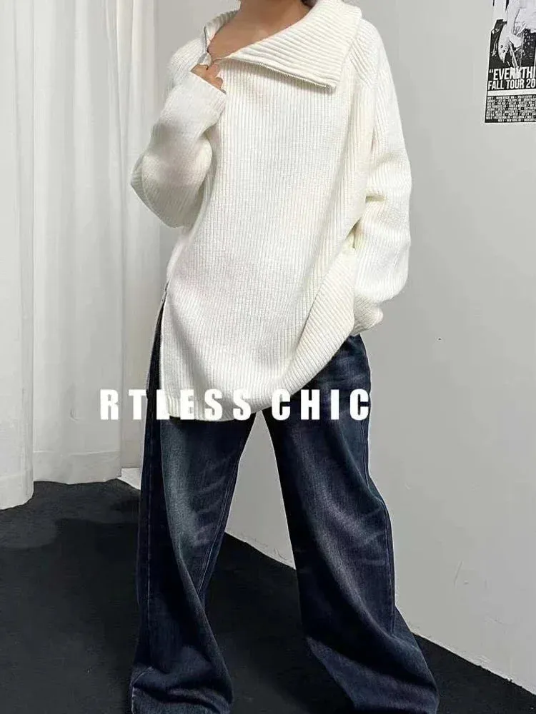 Purpdrank - Women's Turtleneck Zipper Oversize Fashion Women Sweaters 2023 Autumn Knitwears Loose Thick Warm High Neck Solid Pullovers Women
