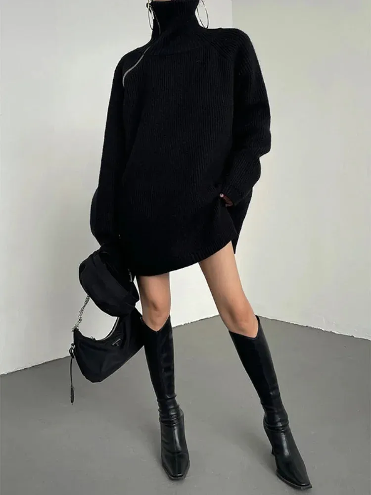 Purpdrank - Women's Turtleneck Zipper Oversize Fashion Women Sweaters 2023 Autumn Knitwears Loose Thick Warm High Neck Solid Pullovers Women