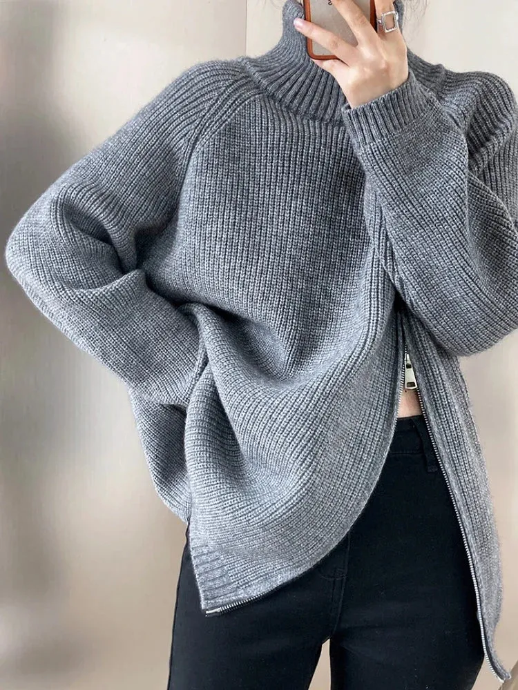 Purpdrank - Women's Turtleneck Zipper Oversize Fashion Women Sweaters 2023 Autumn Knitwears Loose Thick Warm High Neck Solid Pullovers Women