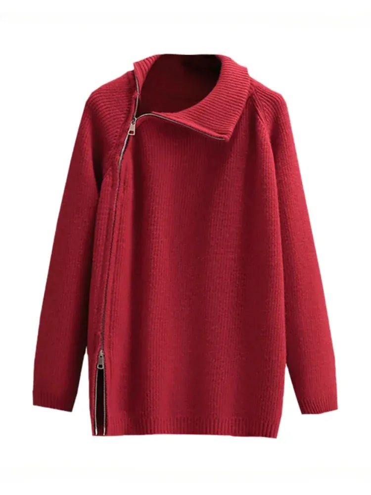 Purpdrank - Women's Turtleneck Zipper Oversize Fashion Women Sweaters 2023 Autumn Knitwears Loose Thick Warm High Neck Solid Pullovers Women