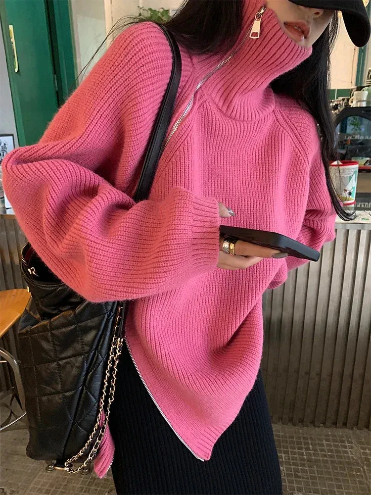 Purpdrank - Women's Turtleneck Zipper Oversize Fashion Women Sweaters 2023 Autumn Knitwears Loose Thick Warm High Neck Solid Pullovers Women