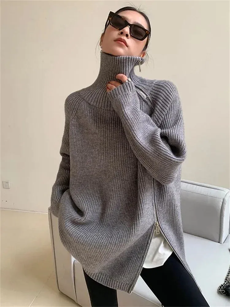 Purpdrank - Women's Turtleneck Zipper Oversize Fashion Women Sweaters 2023 Autumn Knitwears Loose Thick Warm High Neck Solid Pullovers Women