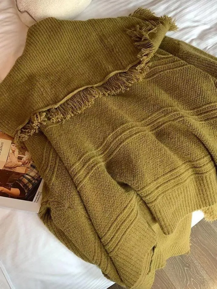 Solid Color Big Lapel Neck Tassel Trim Cardigan