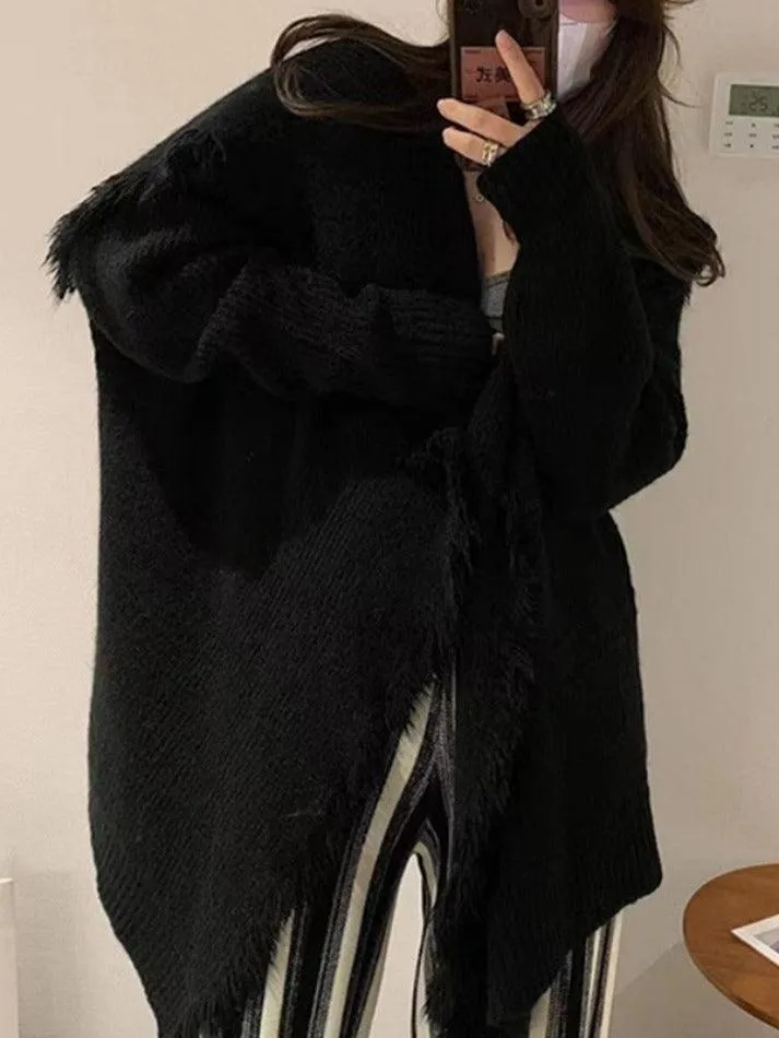 Solid Color Big Lapel Neck Tassel Trim Cardigan