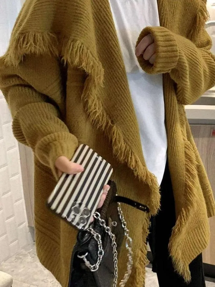 Solid Color Big Lapel Neck Tassel Trim Cardigan