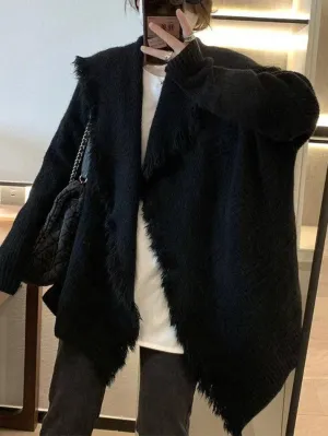 Solid Color Big Lapel Neck Tassel Trim Cardigan