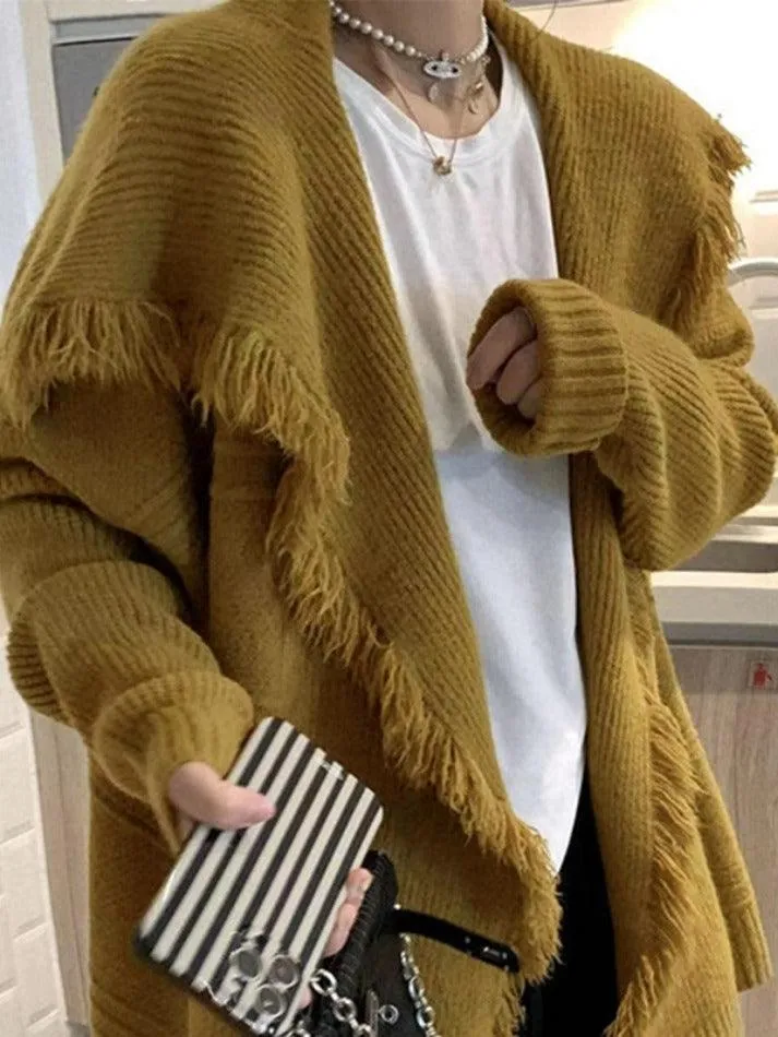 Solid Color Big Lapel Neck Tassel Trim Cardigan