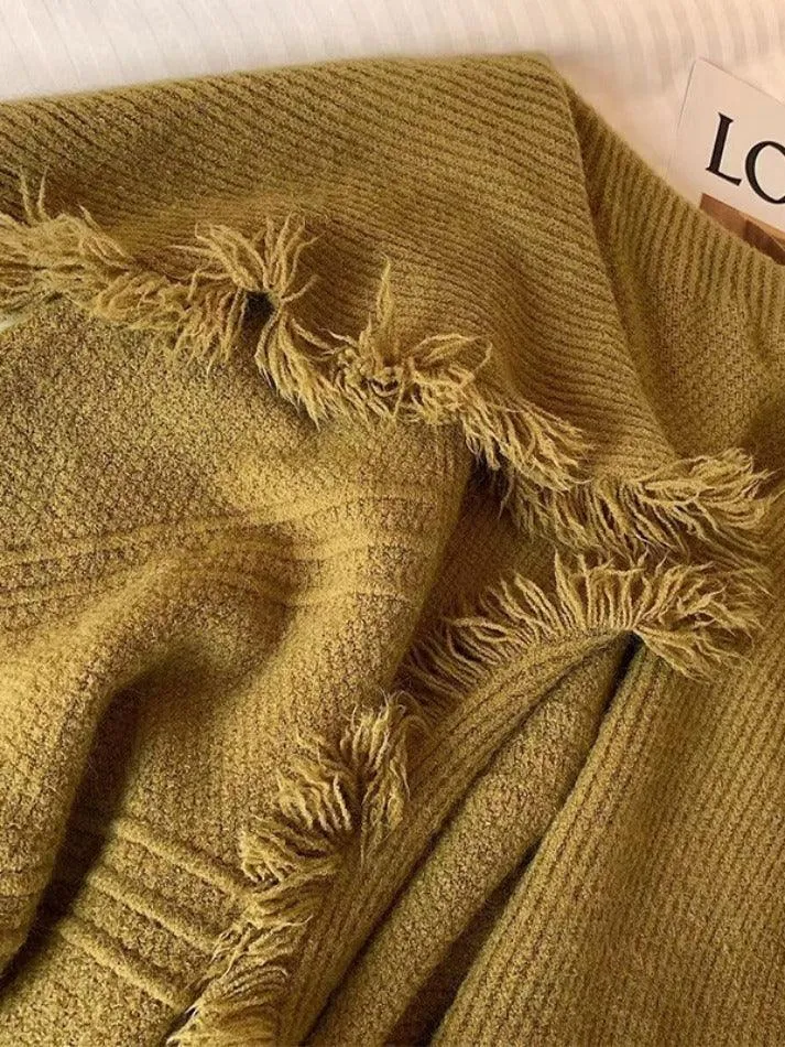 Solid Color Big Lapel Neck Tassel Trim Cardigan