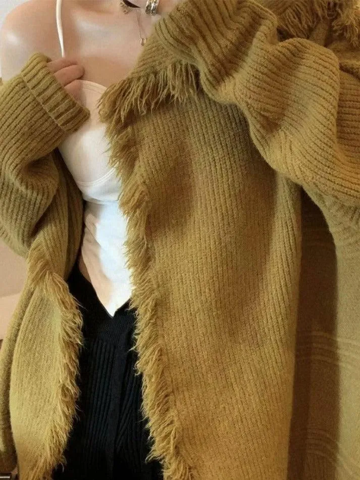 Solid Color Big Lapel Neck Tassel Trim Cardigan