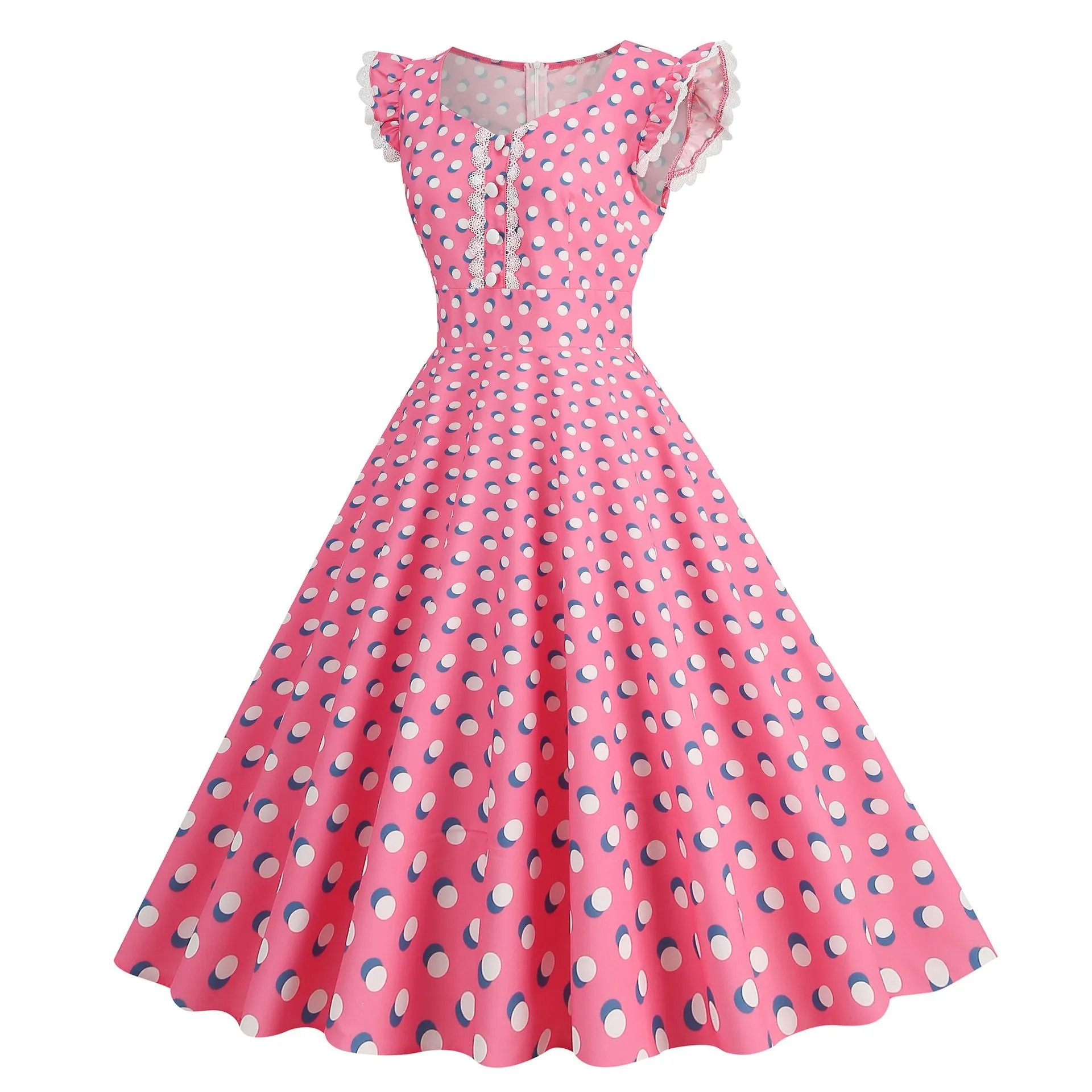 Women 1950s Vintage Cocktail Swing Dress Polka Dot Pink 1950s 1980s Rockabilly Prom Midi Dress
