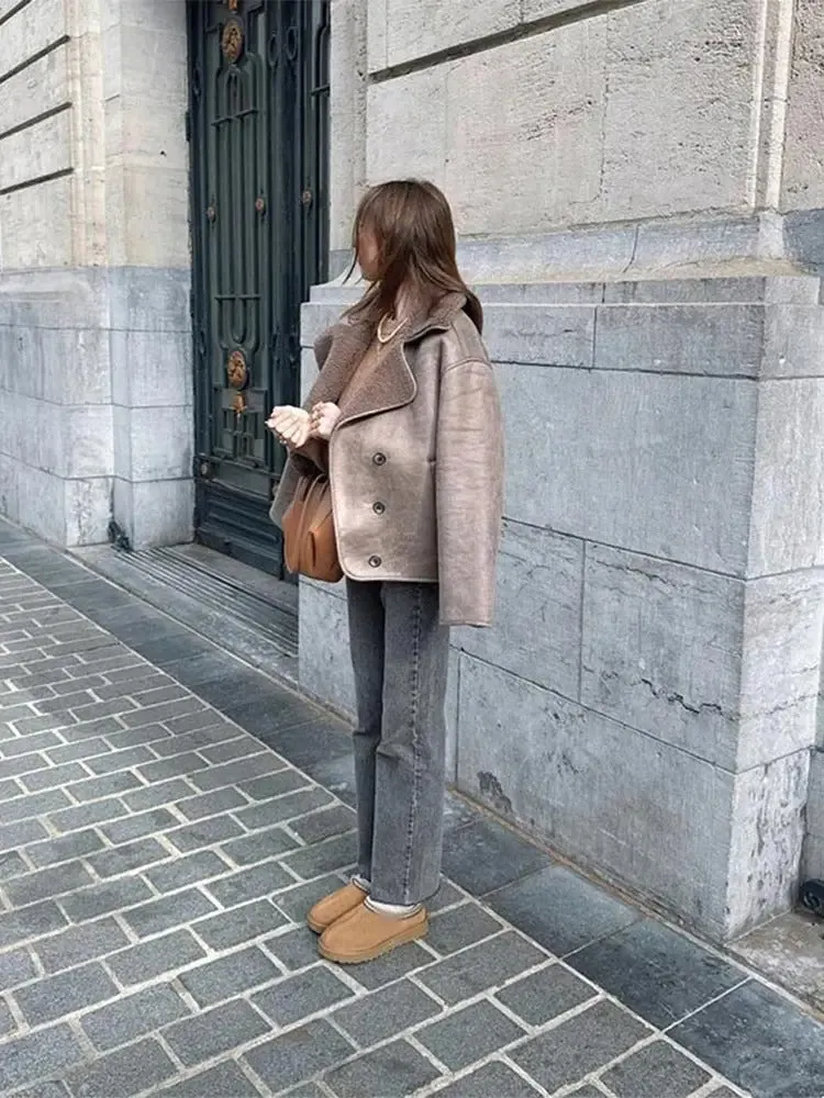 Women Casual Lapel Thick Faux Leather Jackets Vintage Single-breasted Warm Wool Blends Coats Female Winter High Street Outwears
