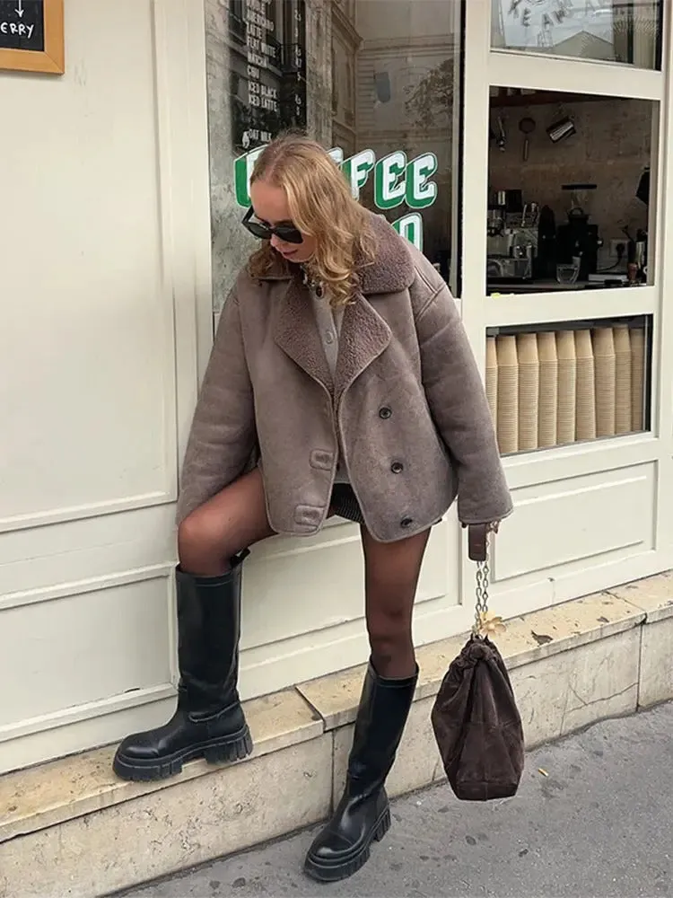 Women Casual Lapel Thick Faux Leather Jackets Vintage Single-breasted Warm Wool Blends Coats Female Winter High Street Outwears
