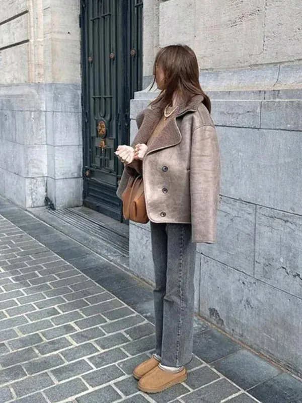 Women Casual Lapel Thick Faux Leather Jackets Vintage Single-breasted Warm Wool Blends Coats Female Winter High Street Outwears