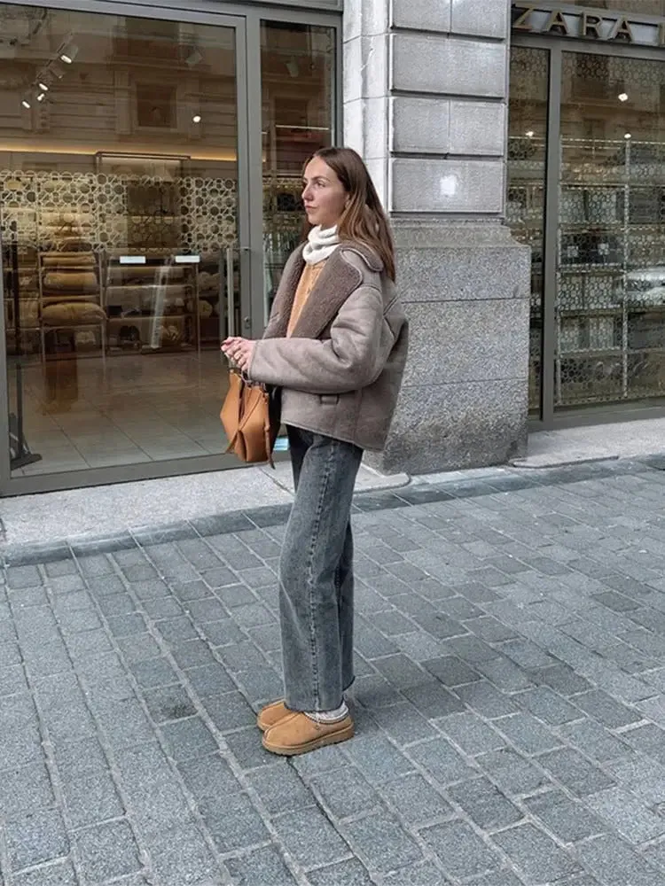 Women Casual Lapel Thick Faux Leather Jackets Vintage Single-breasted Warm Wool Blends Coats Female Winter High Street Outwears