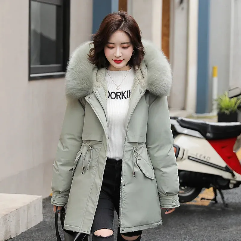 Women Parka 2024 New Fashion Long Coat Wool Liner Hooded Parkas Winter Jacket Slim with Fur Collar Warm Snow Wear Padded Clothes