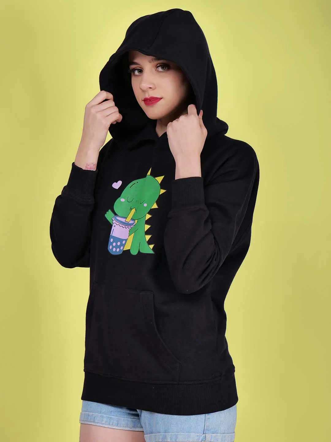 Women Printed Cotton Black Hoodie